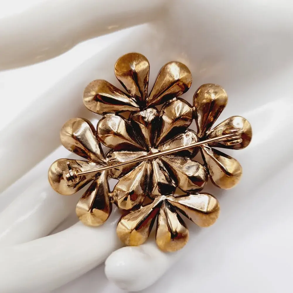 Vintage Amber Rhinestone Flower Brooch Gold Tone 2 Inch Statement Pin